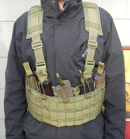 A BCS AK74 rig with padded harness and five mags strapped in. 