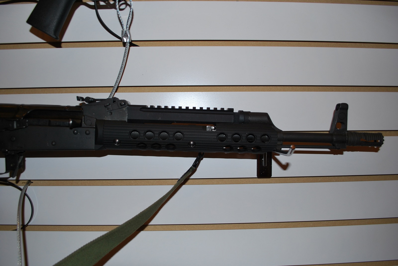 A close-up shot of Troy’s railed AK gas tube and short handguard. 