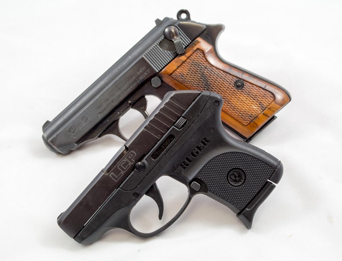 While certainly heavier, the Walther PPK/S is not much bigger than the tiny Ruger LCP (foreground).