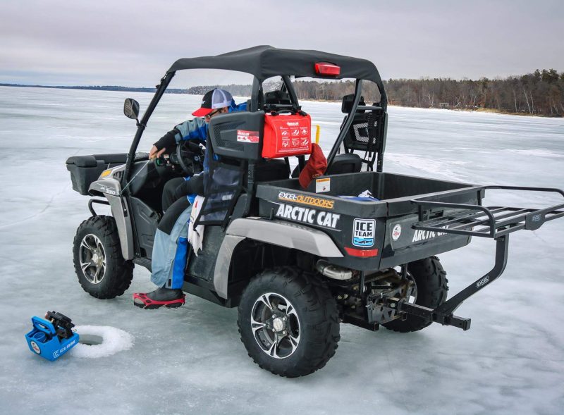 110 Ice Fishing ATV vs Snowmobile Modifications - Otter Monster Box - Helix  7 - Digger Auger Holder 