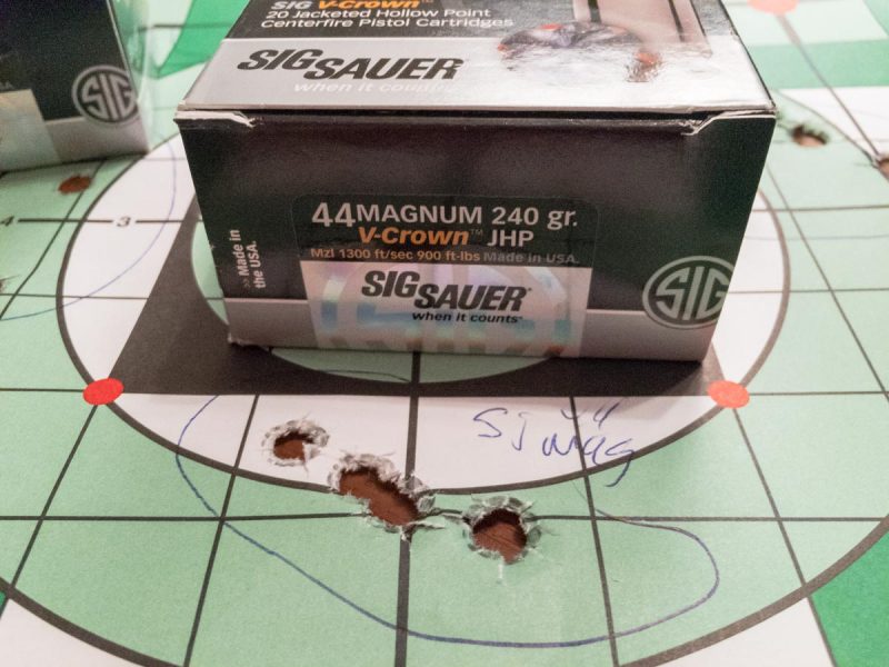 Even with my fading eyesight and iron sights, it was easy to shoot well. This Sig Sauer V-Crown .44 Magnum grouped into about an inch and a half here. 