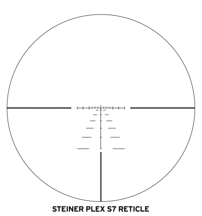 The S-7 reticle is optimized for .22-250 and has marks for 100 to 700 yards along with wind compensation hold positions. 