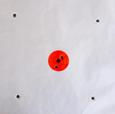 The P4Xi shot a perfect "box" test. Note the first (upper right in bullseye) and last shot, also in the bullseye. 