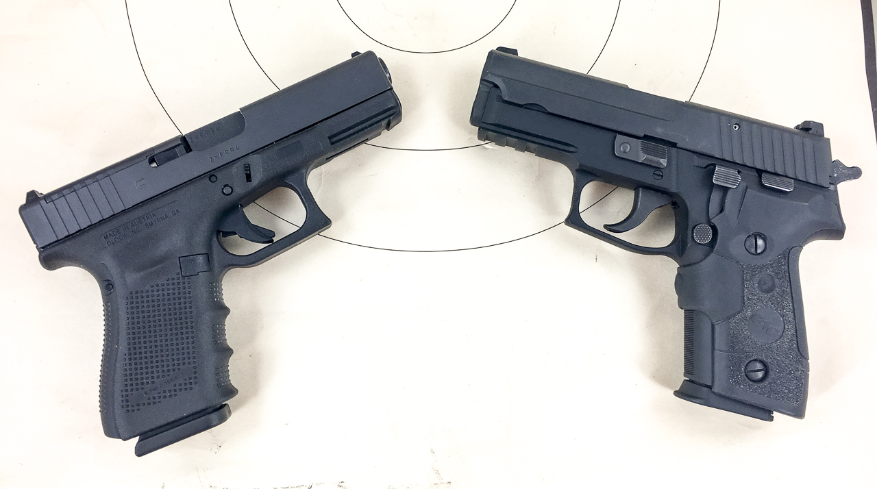 While they're similarly sized, the Glock delivers about 50% more recoil energy than the all-metal (and heavier) Sig.