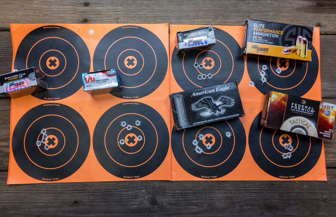 These 25-yard, five-shot groups show that the XD(M) OSP Threaded will shoot. 