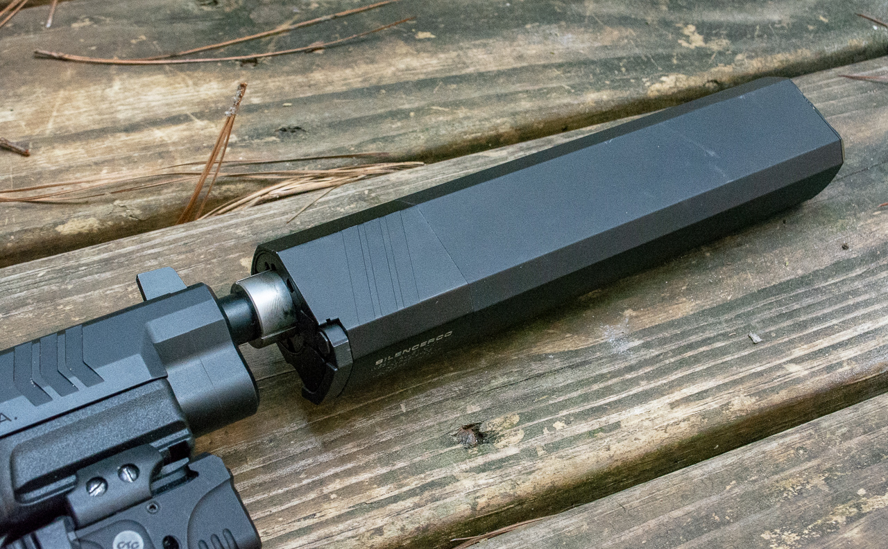 This SilencerCo Osprey 45 suppressor adds about 8 1/2 inches to the overall length of the pistol. 