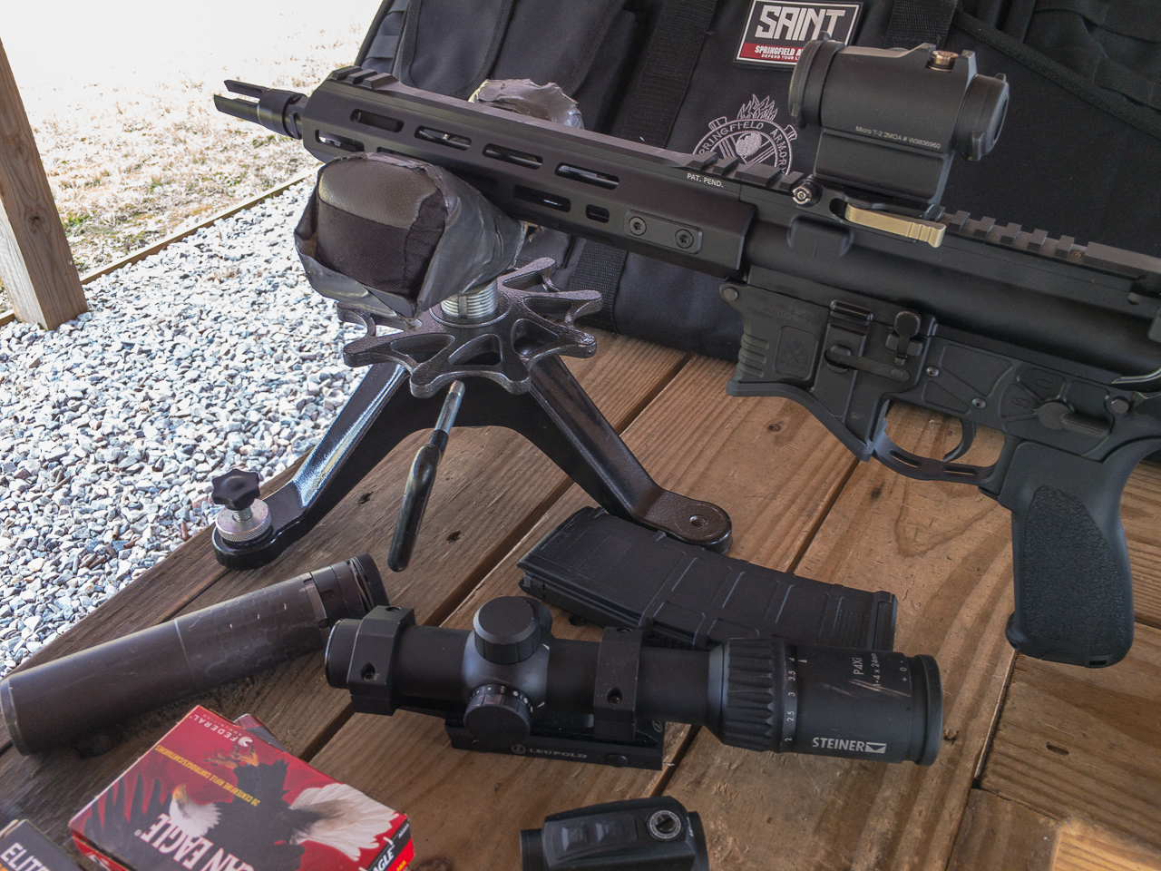 We tested the SAINT Edge Pistol with a variety of optics including the new Crimson Trace red dot, Steiner P3TR and Aimpoint Micro T-2.