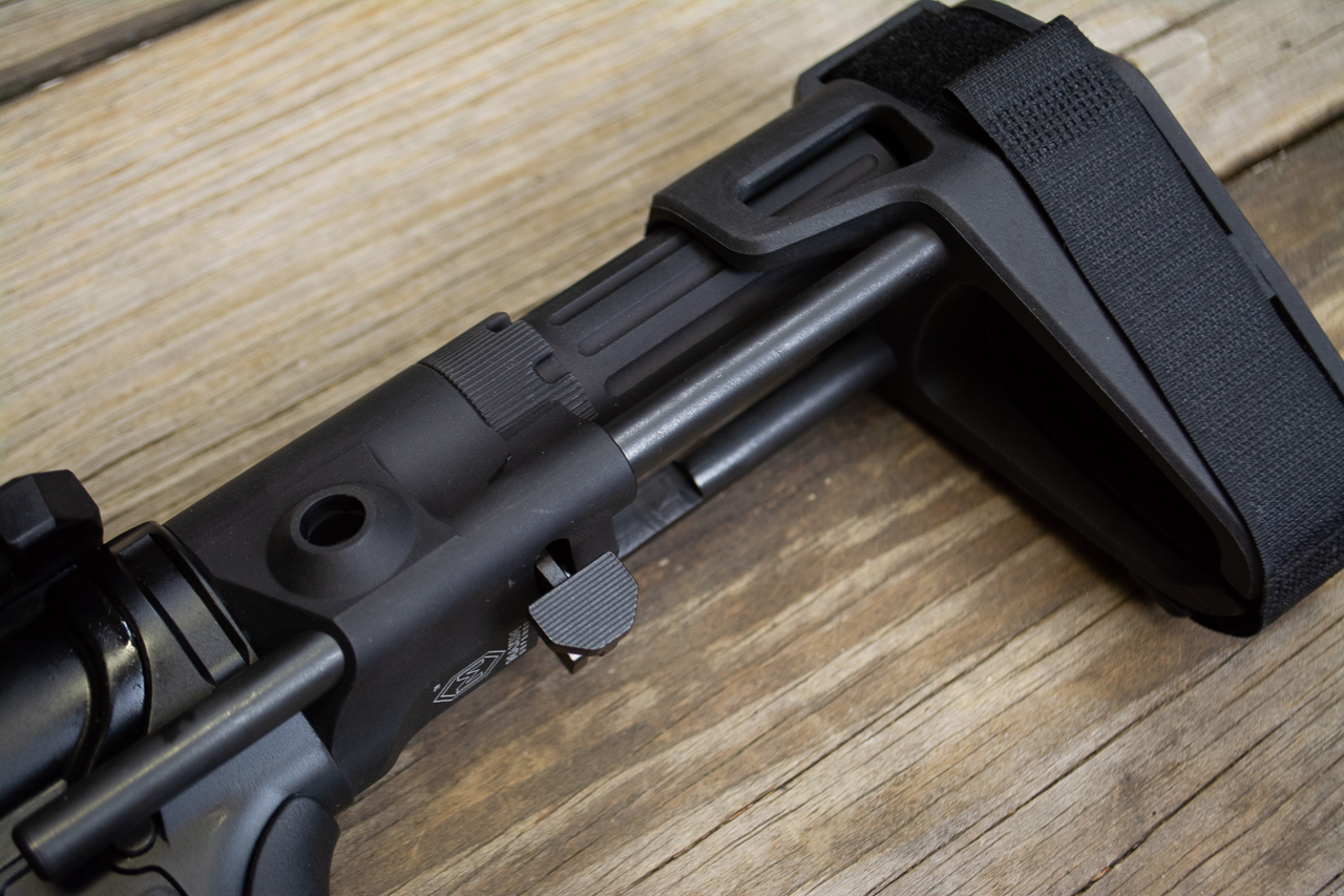 The pistol brace is fantastic. The dual rods are rock solid and the push lever allows quick adjustment to four different length of pull positions. 