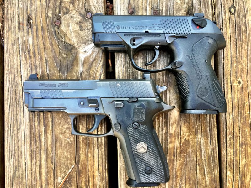 Medium-size guns like this Beretta PX4 Compact Carry and Sig Sauer P229 are much easier to use effectively than a pocket-sized handgun that requires fine finger control. 