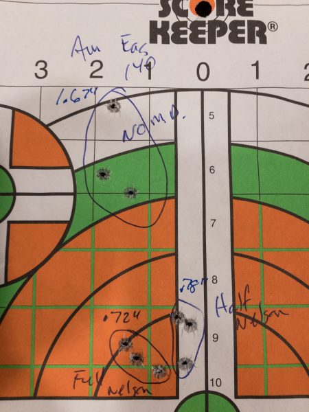 Note the offset between the unsuppressed group (top) and the two groups below shot with different suppressors. I shot these with a Smith & Wesson Performance Center M&P 10 6.5mm Creedmoor rifle and two suppressors from Q – the Full and Half Nelson models.