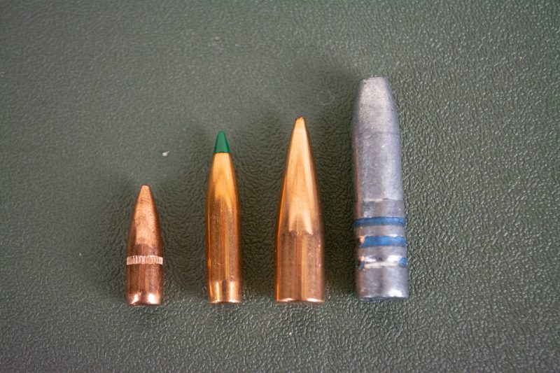 Left to right: .223 55-grain FMJ, .223 77-grain Sierra Tipped Matchking, 300 Blackout 125-grain Matchking, 300 Blackout 220-grain hardcast. 