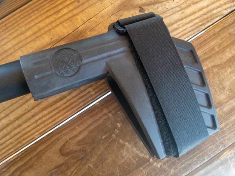 The SB Tactical SBX-K brace is slightly pliant and uses a Velcro strap for security. It's a fixed-position configuration. 