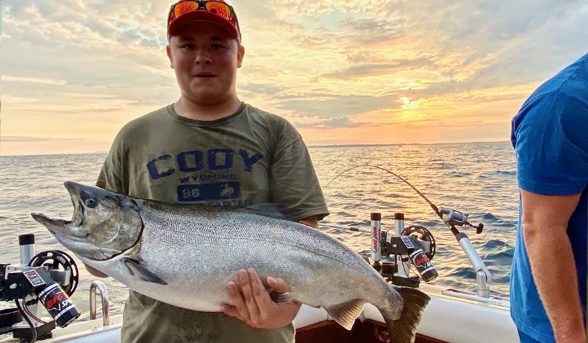 Chinook Salmon Strikes a Downrigger Rod on Lake Ontario - DR1 