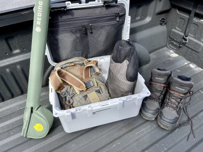 My new charcoal Yeti GoBox 30 loaded up with hunting, fly fishing